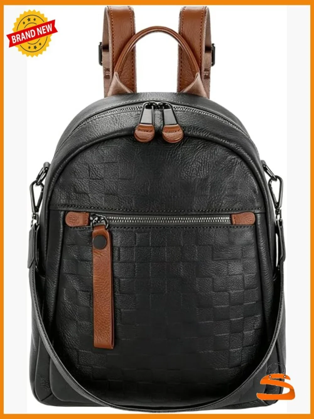 Genuine Leather Backpack Checkerboard Pattern Convertible Shoulder Bag Daypack